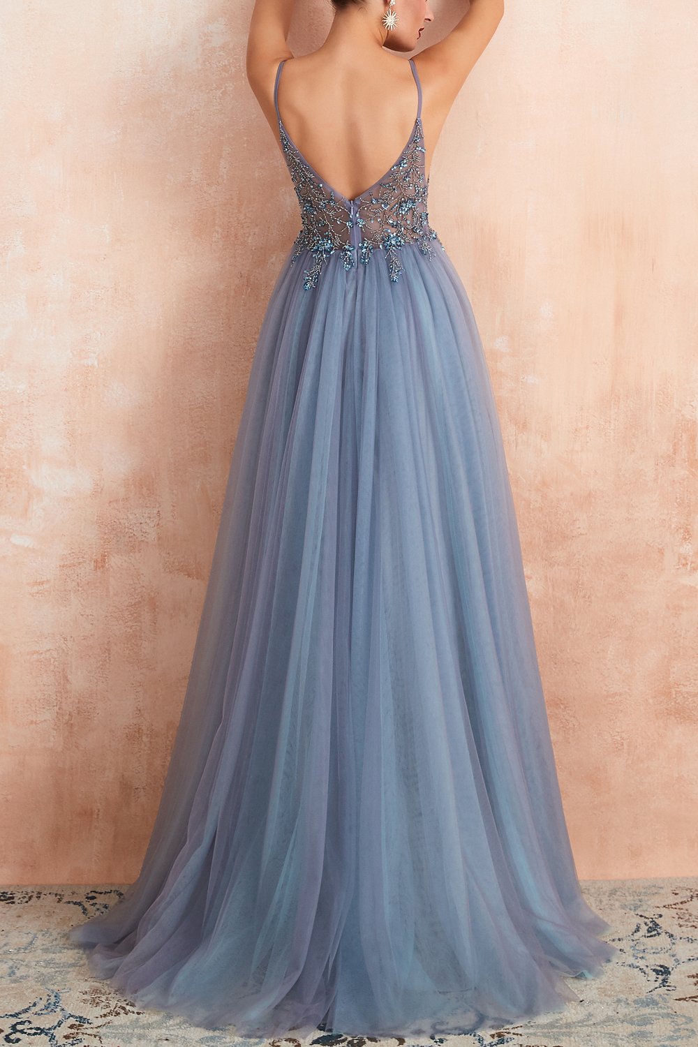 Stylish Tulle Evening Dress with V-Neck and Split - Elena-Light blue-EU32-The Livary