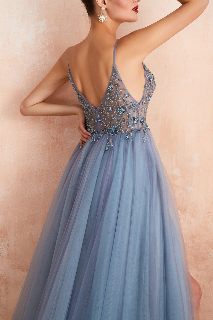 Stylish Tulle Evening Dress with V-Neck and Split - Elena-Light blue-EU32-The Livary