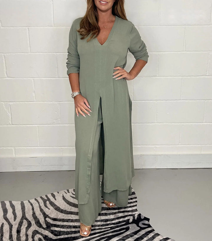 Two-piece women's set with wide trousers – Trendy & Airy – Cosima-Green-S-The Livary