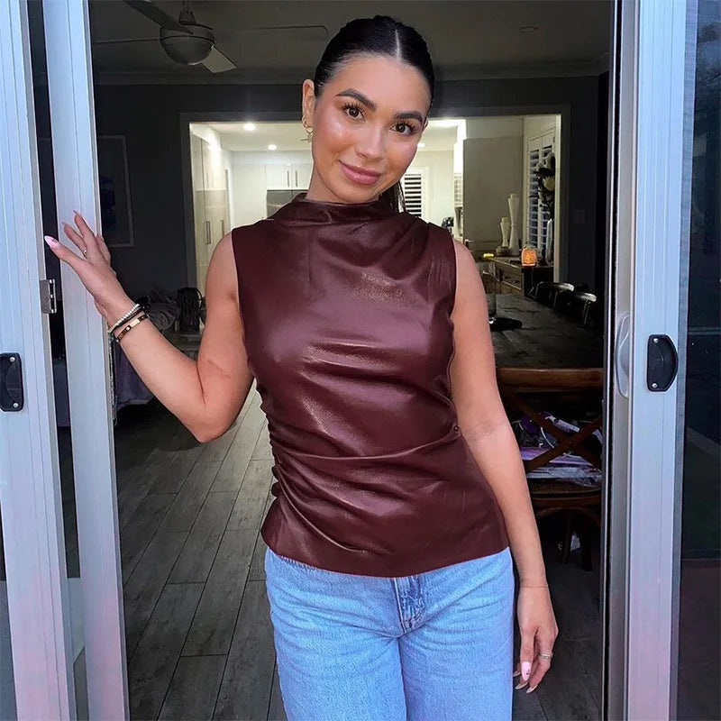 Ladies' sleeveless leather top in burgundy with a fitted silhouette – Nila-Bordeaux red-XS-The Livary