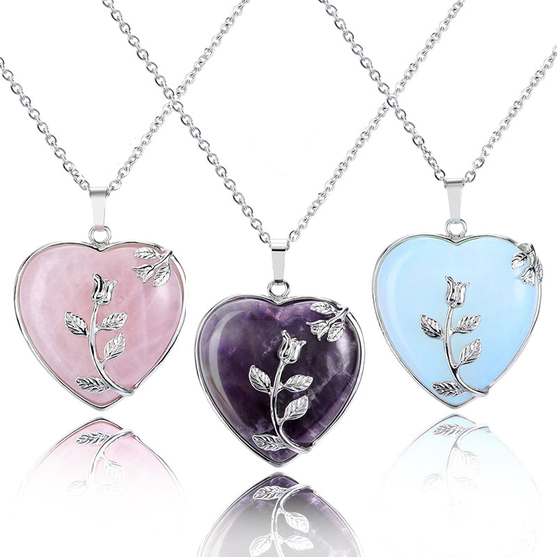 Stylish Heart-Shaped Rose Quartz Necklace - Amara-Rose quartz-The Livary
