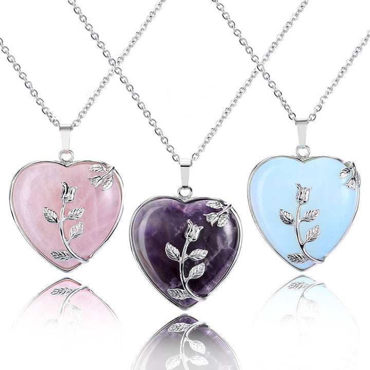 Stylish Heart-Shaped Rose Quartz Necklace - Amara-Rose quartz-The Livary