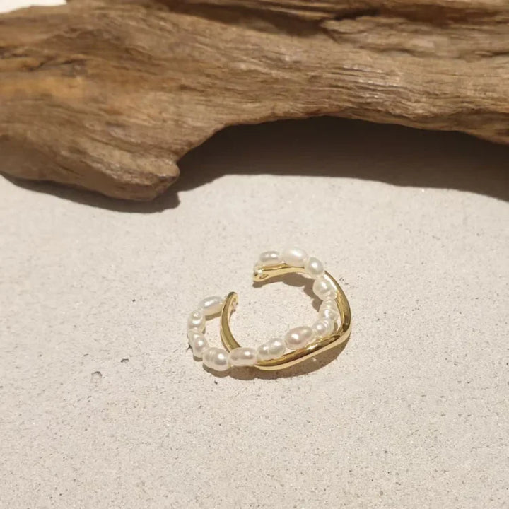 Double Layered Gold Ring with Freshwater Pearl - Ivy-The Livary