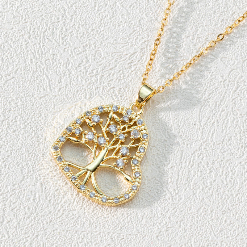 Zirconia Round Hollow Tree of Life Pendant - Necklace - Luna-Heart-shaped White Zircon & Tree of Life-The Livary