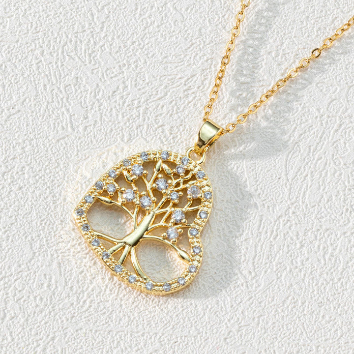 Zirconia Round Hollow Tree of Life Pendant - Necklace - Luna-Heart-shaped White Zircon & Tree of Life-The Livary