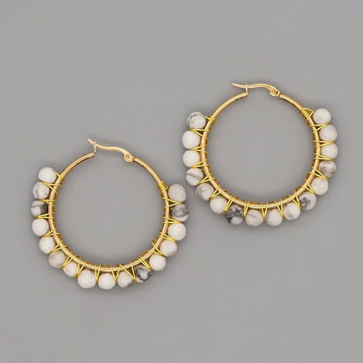 Boho Natural Crystals Large Hoop Earrings - Sanne-White Turquoise-The Livary