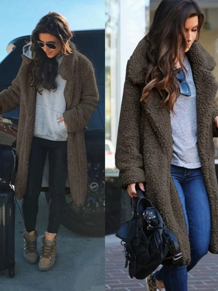 Trendy Warm Long Teddy Coat for Women - Isla-Apricot-S-The Livary