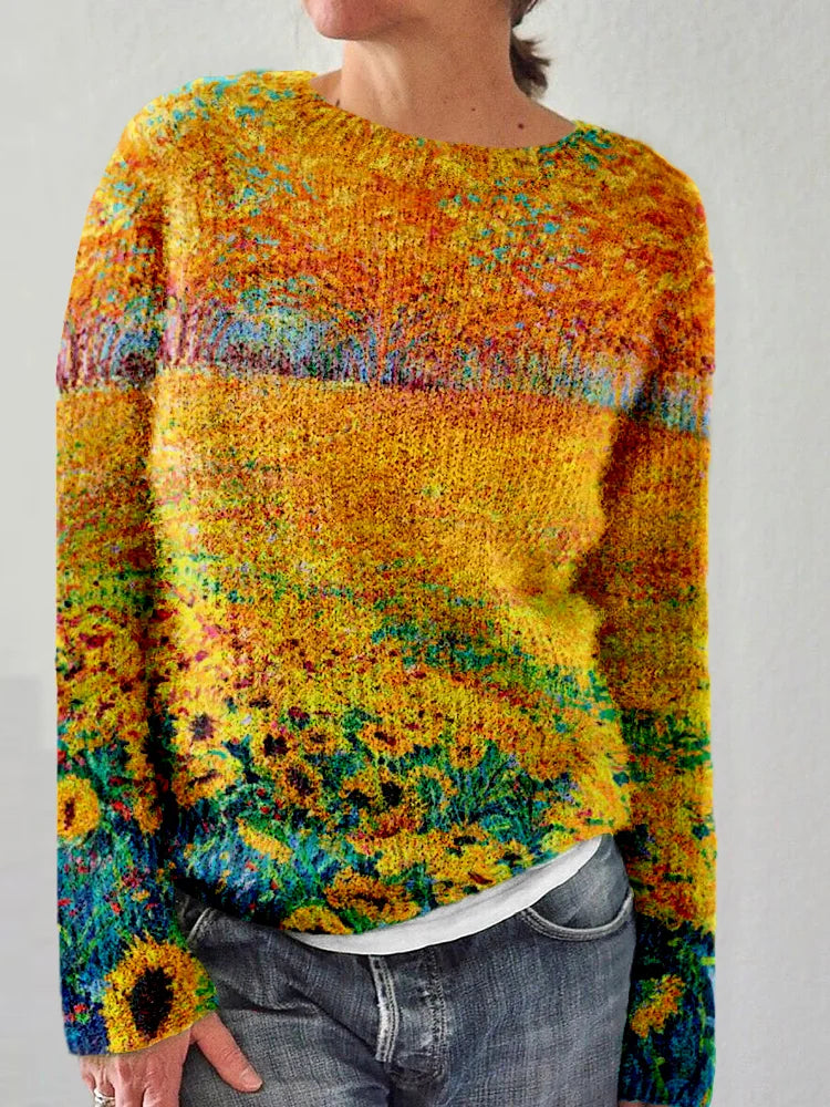Casual Sweater with Sunflower Art - Norelle-S-The Livary