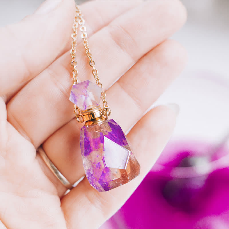 Crystal Perfume Bottle Necklace - Iris-Rose quartz-The Livary