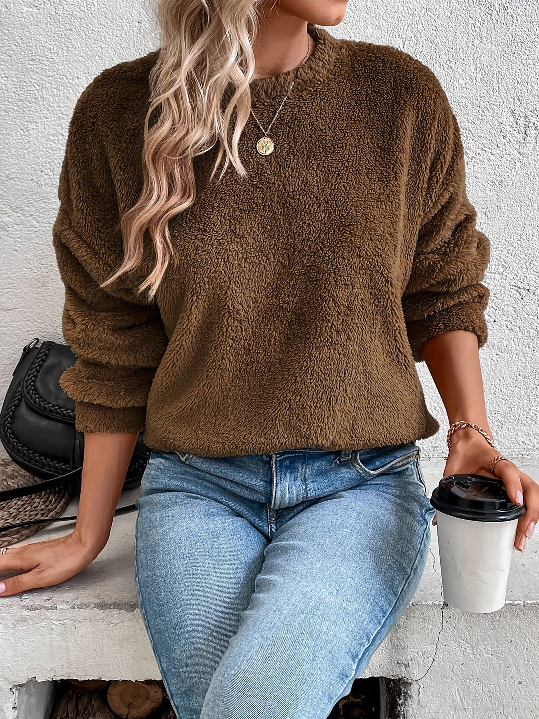 Comfortable Teddy Pullover Sweatshirt - Livia-Dark brown-S-The Livary