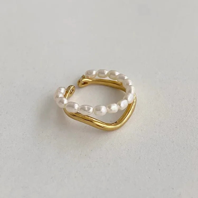 Double Layered Gold Ring with Freshwater Pearl - Ivy-The Livary