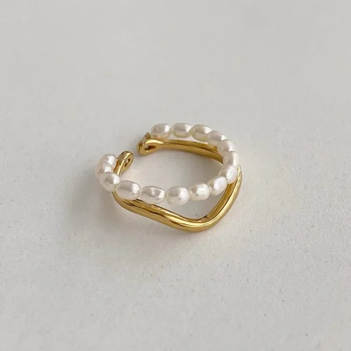 Double Layered Gold Ring with Freshwater Pearl - Ivy-The Livary