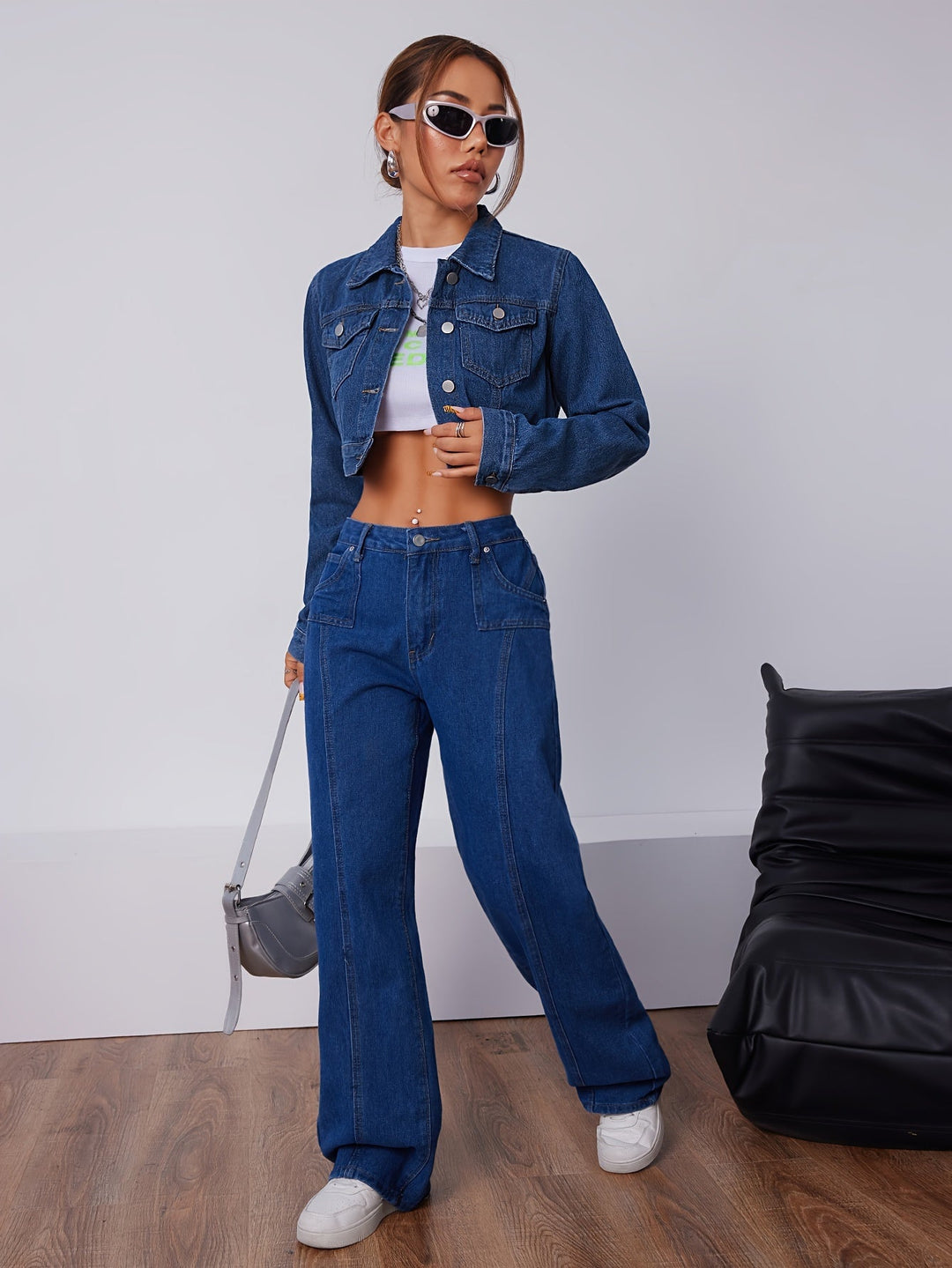 Short Fitted Denim Jacket in Vintage Blue - Elise-XS-The Livary