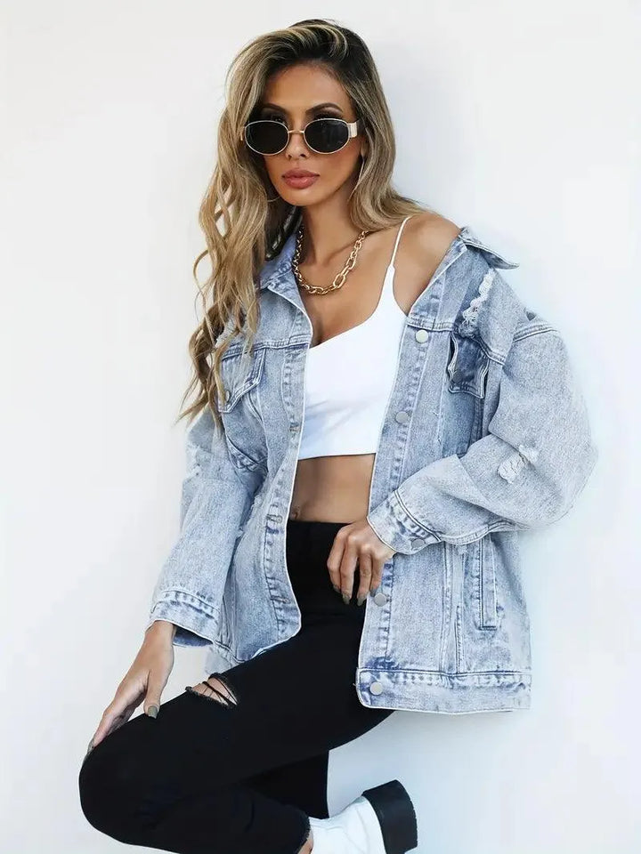 Waterproof & Lined Oversized Women's Denim Jacket with Hood – Talia-Blue-S-The Livary