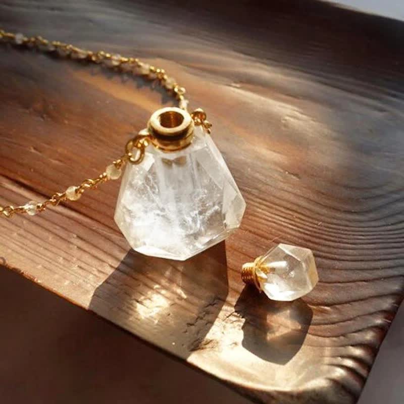 Crystal Perfume Bottle Necklace - Iris-Rose quartz-The Livary