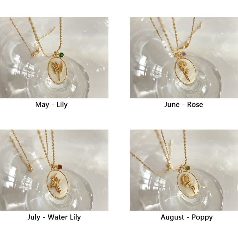 Birthstone with Birth Flowers Necklace - Aurora-January - Carnation-The Livary