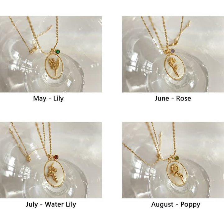 Birthstone with Birth Flowers Necklace - Aurora-January - Carnation-The Livary