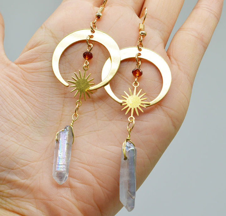 Natural Crystal Moon Stars Earrings - Elara-Clear Quartz and Golden Moon-The Livary