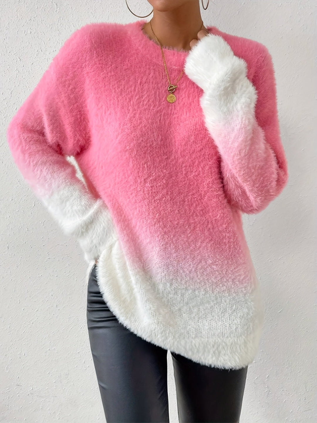 Graduated Colour Crew Neck Fuzzy Sweater - Amara-S-The Livary