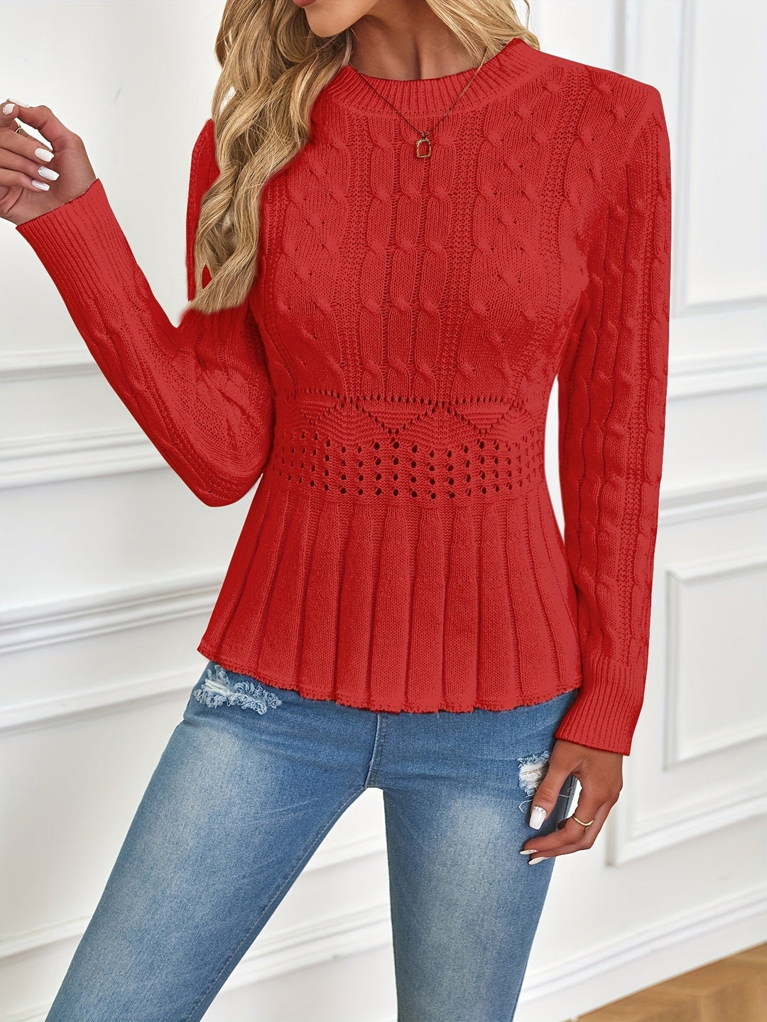 Chunky Cable Knit Sweater with Round Neck - Elena-Beige-S-The Livary