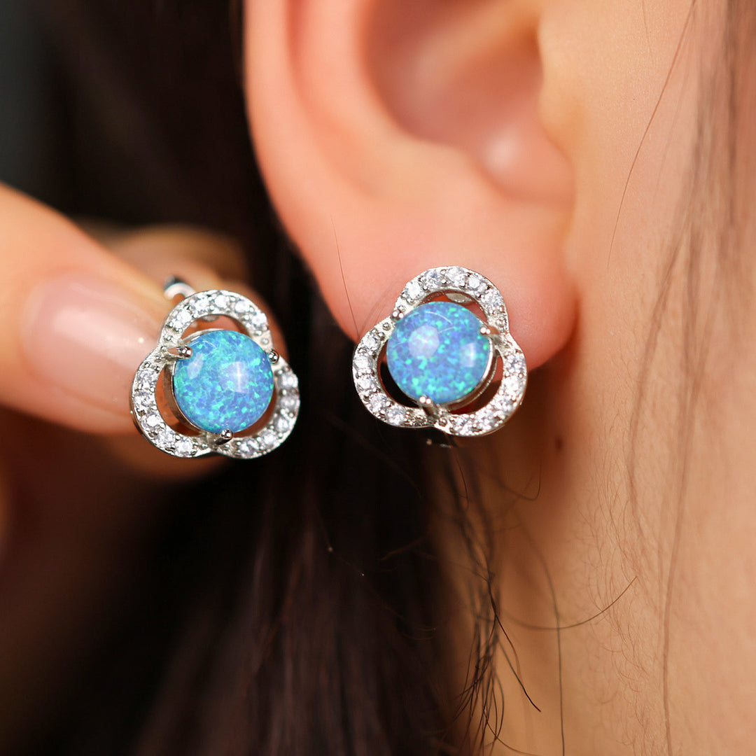 White Opal & Zircon Clover Leaf Earrings - Elara-Blue Opal and Silver-The Livary