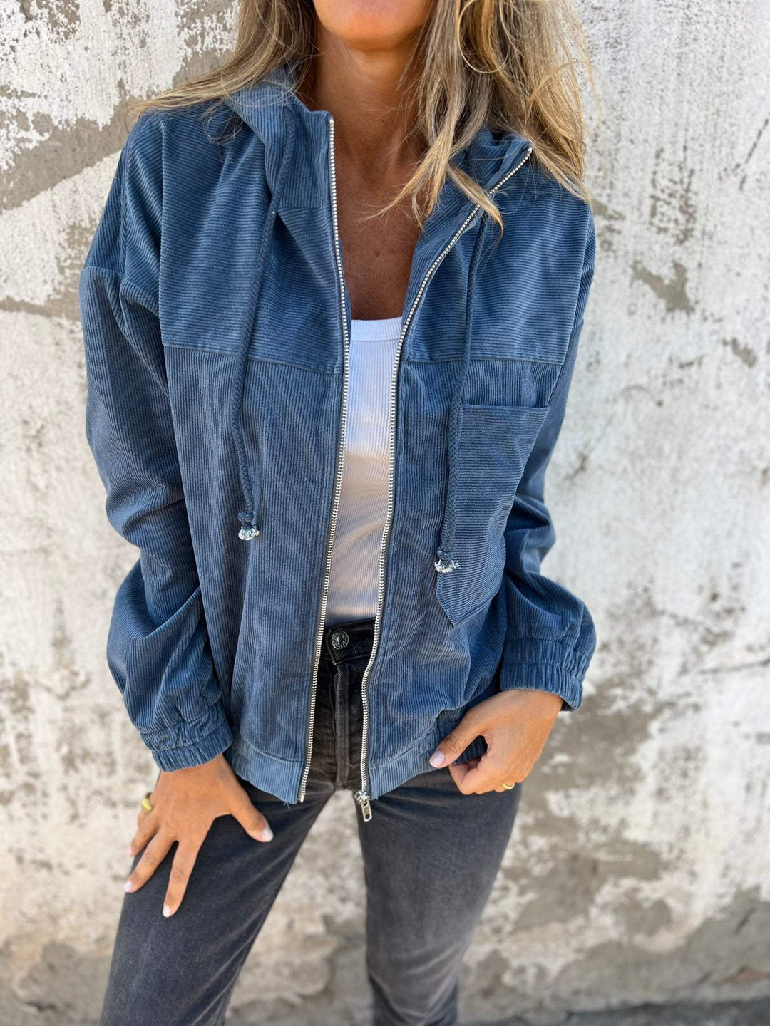 Women's leisure jacket with hood and zipper – Liana-Blue-S-The Livary