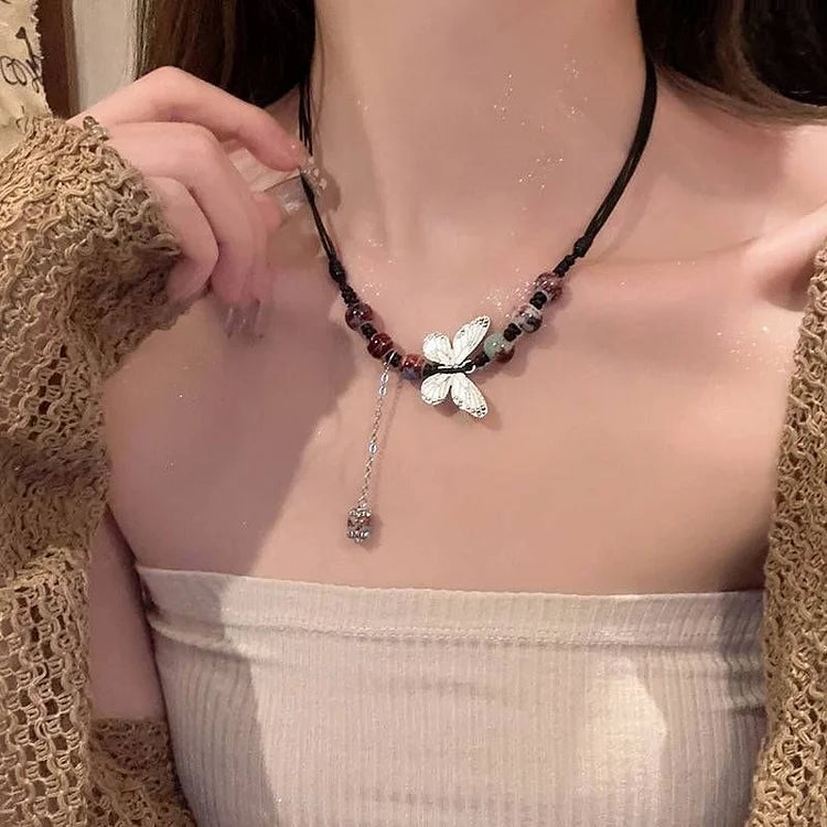 Butterfly and Pearl Necklace - Aurora-Colored-The Livary