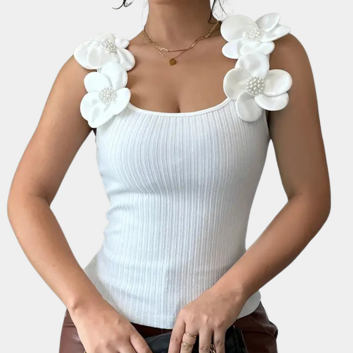 Trendy White Sleeveless Ladies' Top with Floral Details - Elara-XS-The Livary