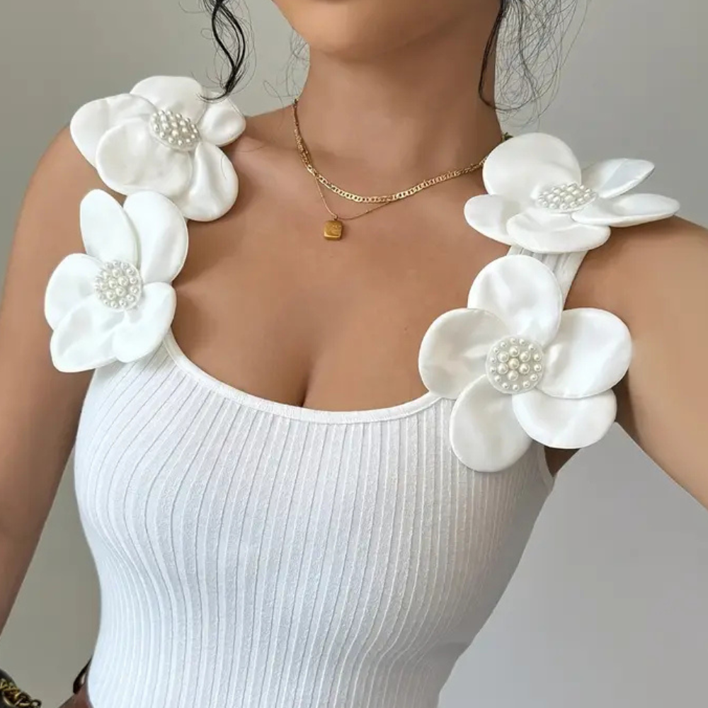 Trendy White Sleeveless Ladies' Top with Floral Details - Elara-XS-The Livary