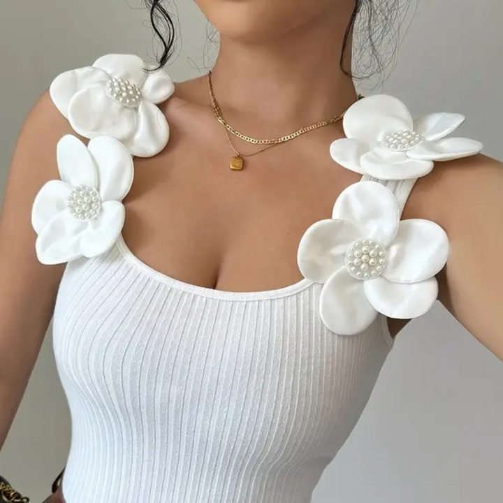 Trendy White Sleeveless Ladies' Top with Floral Details - Elara-XS-The Livary