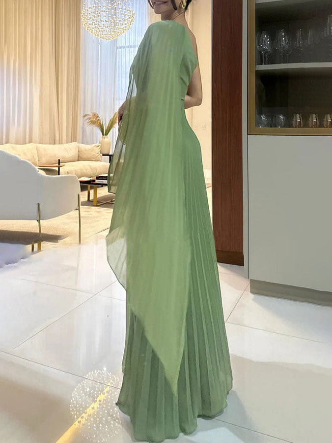 Trendy one-shoulder maxi dress with pleats – Mirella-Green-XS-The Livary