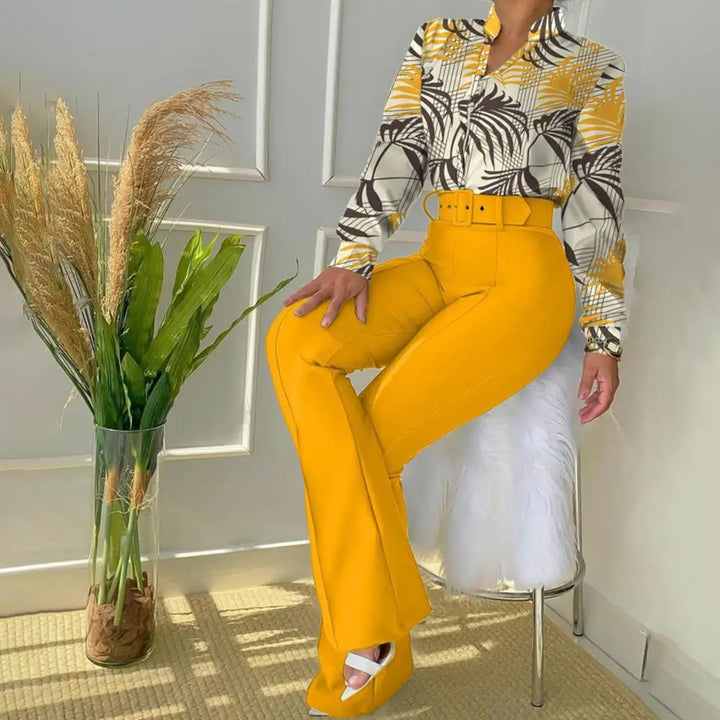Two-Piece Set with Trousers and Blouse - Livia-Yellow-XS-The Livary