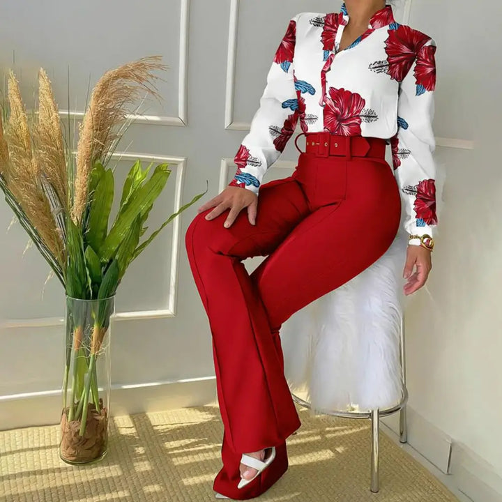 Two-Piece Set with Trousers and Blouse - Livia-Red-XS-The Livary