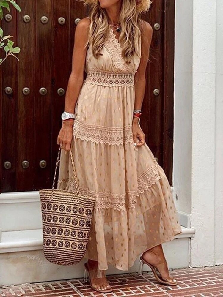 Airy Boho summer dress in Ibiza style with V-neck - Niva-Beige-S-The Livary