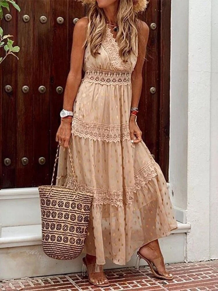 Airy Boho summer dress in Ibiza style with V-neck - Niva-Beige-S-The Livary