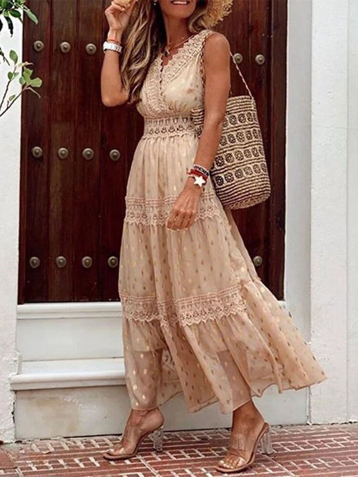 Airy Boho summer dress in Ibiza style with V-neck - Niva-Beige-S-The Livary