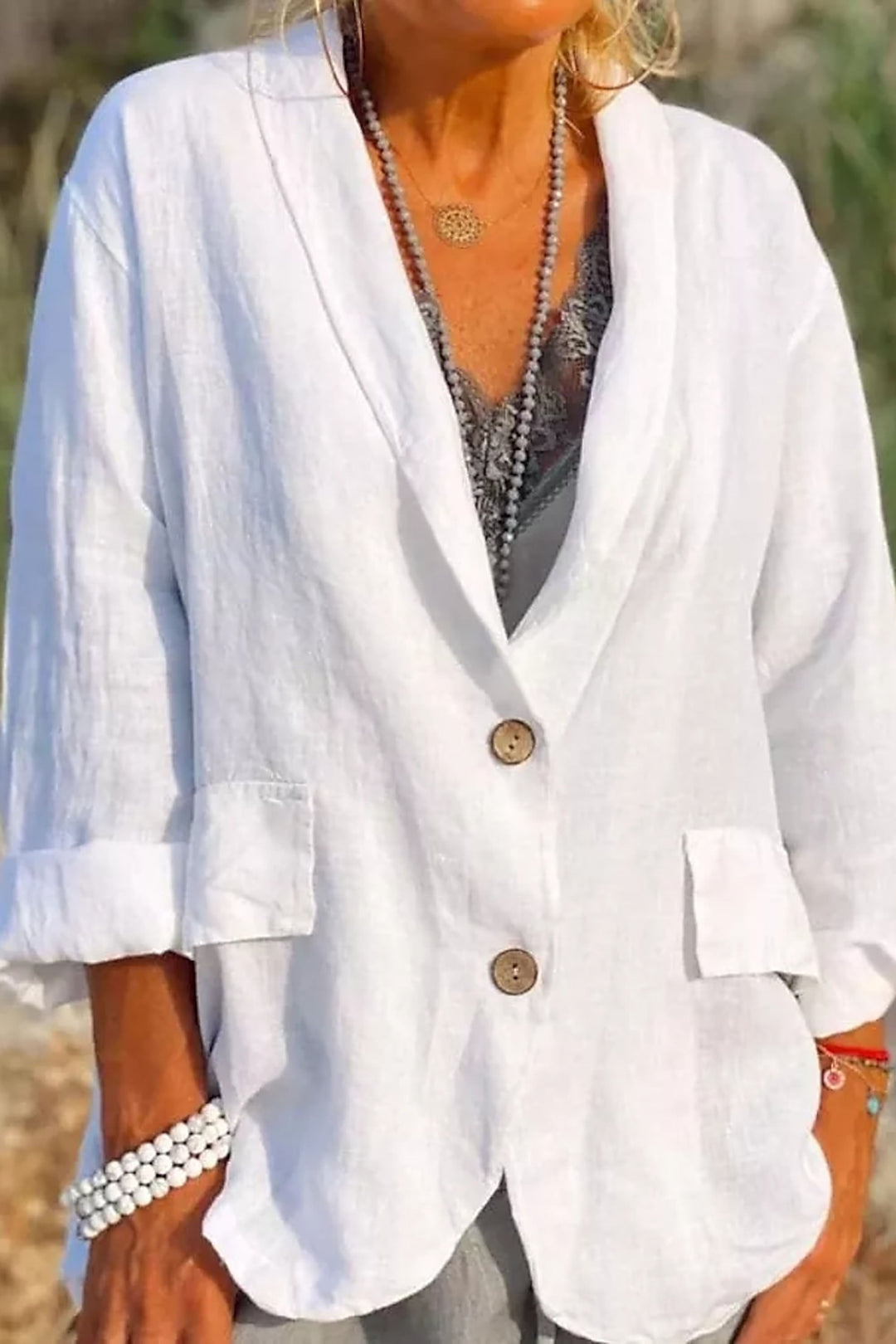 Light linen blazer for women with buttons – Clara-White-S-The Livary