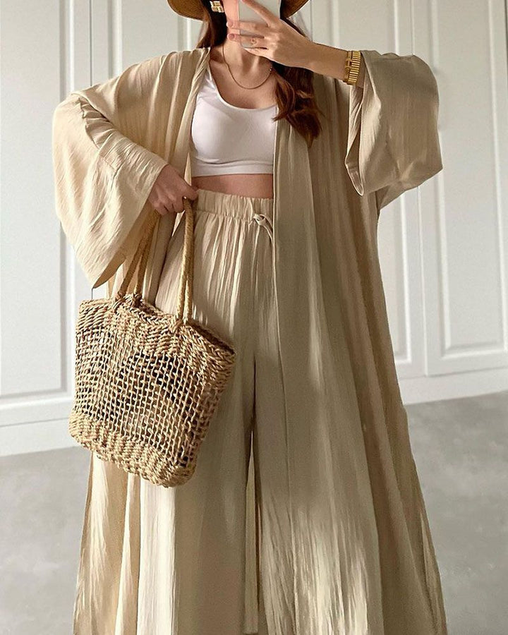 Casual two-piece set for women with vest and trousers – Thalia-Khaki-S-The Livary