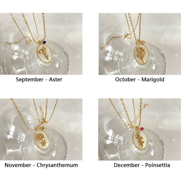 Birthstone with Birth Flowers Necklace - Aurora-January - Carnation-The Livary