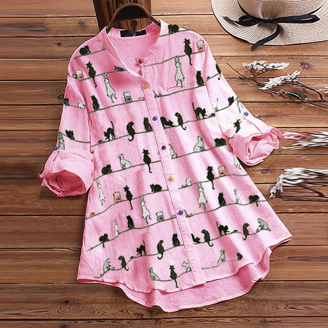 Light ladies' blouse with cat motif & button placket - Kaja-Pink-S-The Livary