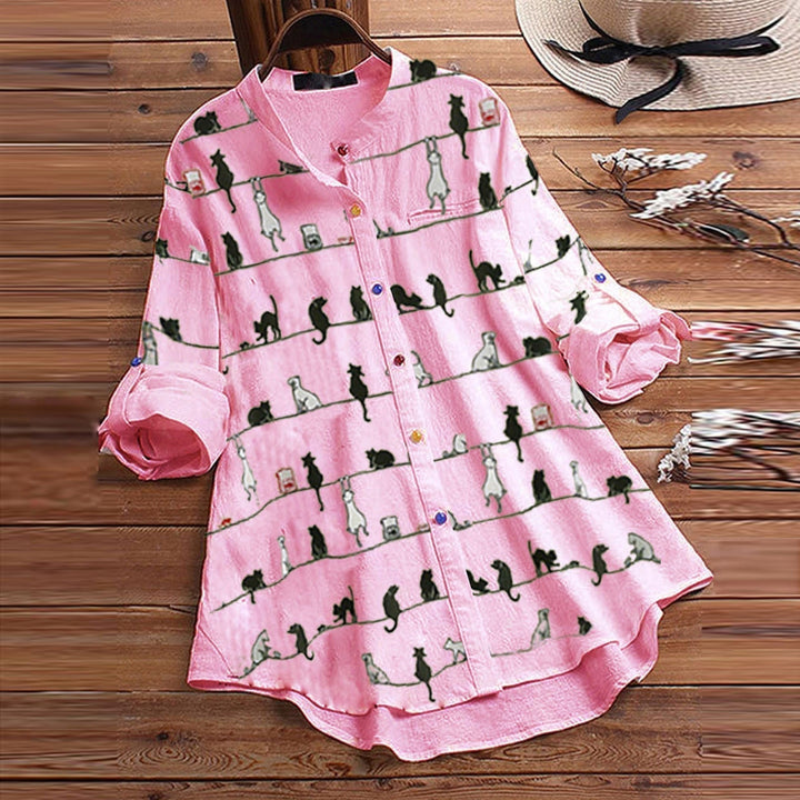 Light ladies' blouse with cat motif & button placket - Kaja-Pink-S-The Livary