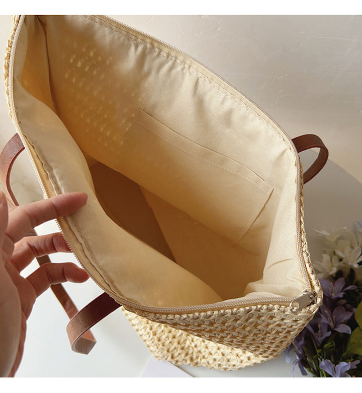 Rattan Woven Bag with Leather Straps - SummerBreeze Tote-Brown-The Livary