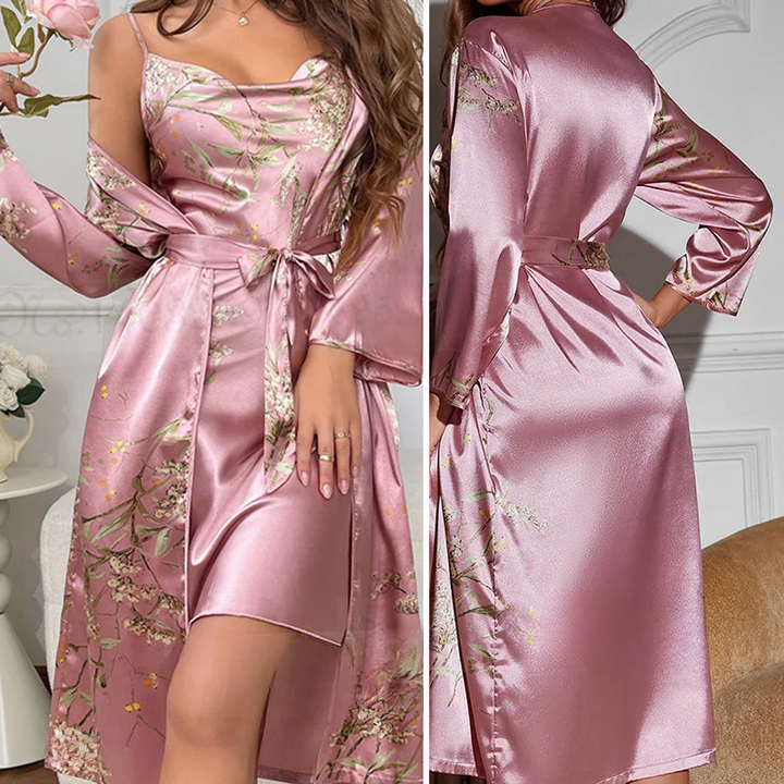 Two-Piece Satin Nightdress & Kimono Set with Floral Print – Noelle-Pink Set-S-The Livary
