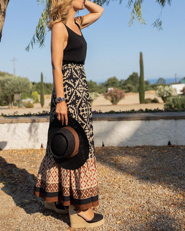 Printed Boho maxi skirt with a flowing cut & fringes – Yalina-Green-S-The Livary