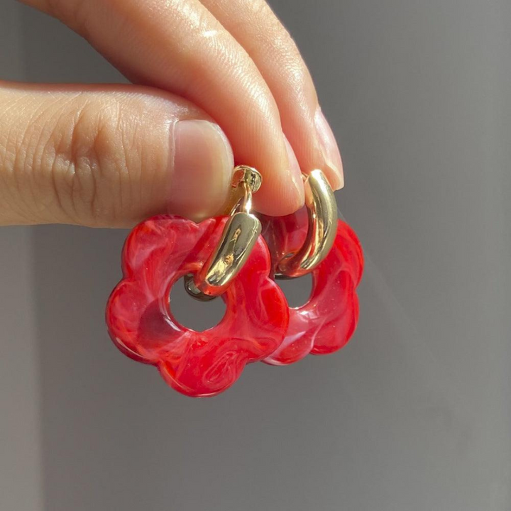 Gold Plated Flower Earrings - Valeria-Red-The Livary