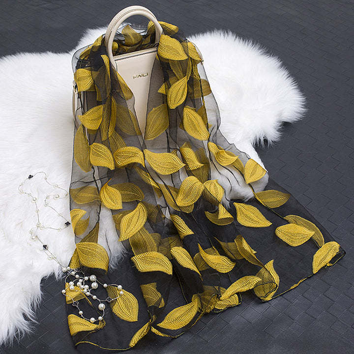 Trendy women's silk scarf with floral pattern and cut-out design – Fiora (1+1 FREE)-Yellow leaves-The Livary