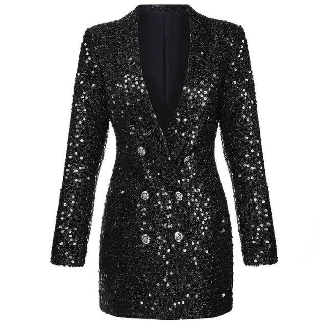 Sequin Blazer Jumpsuit with Double Breasted Buttons - Stella-Black-XS-The Livary
