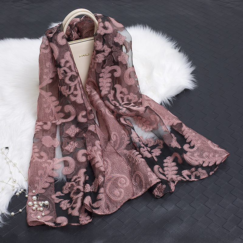 Trendy women's silk scarf with floral pattern and cut-out design – Fiora (1+1 FREE)-Pink flower-The Livary
