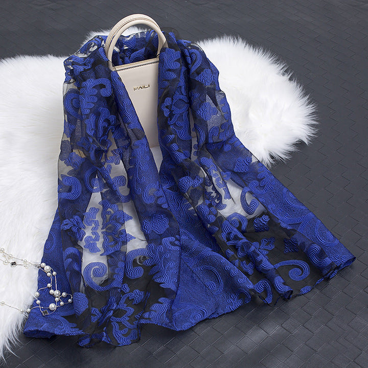 Trendy women's silk scarf with floral pattern and cut-out design – Fiora (1+1 FREE)-Blue flower-The Livary
