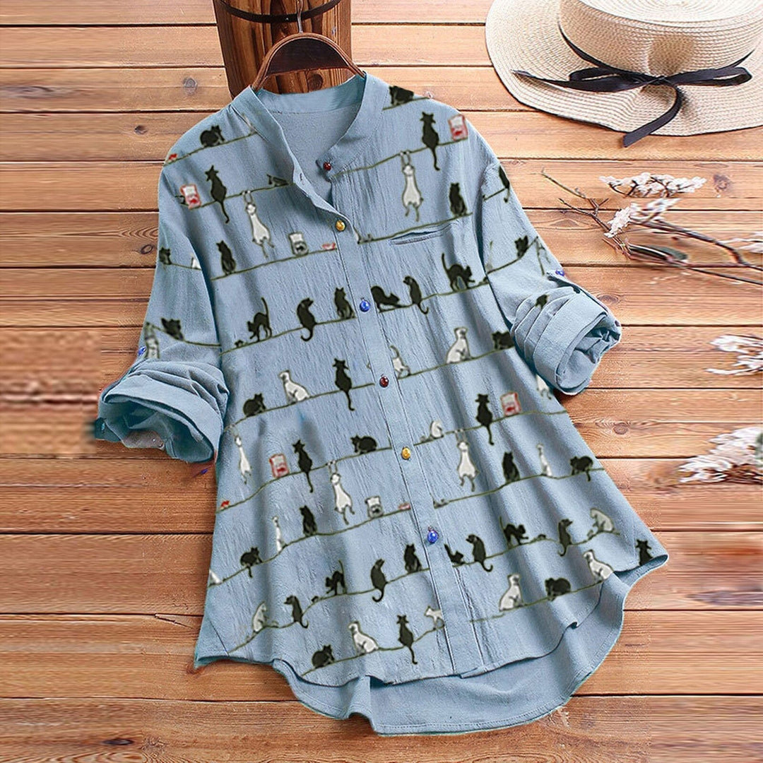 Light ladies' blouse with cat motif & button placket - Kaja-Blue-S-The Livary